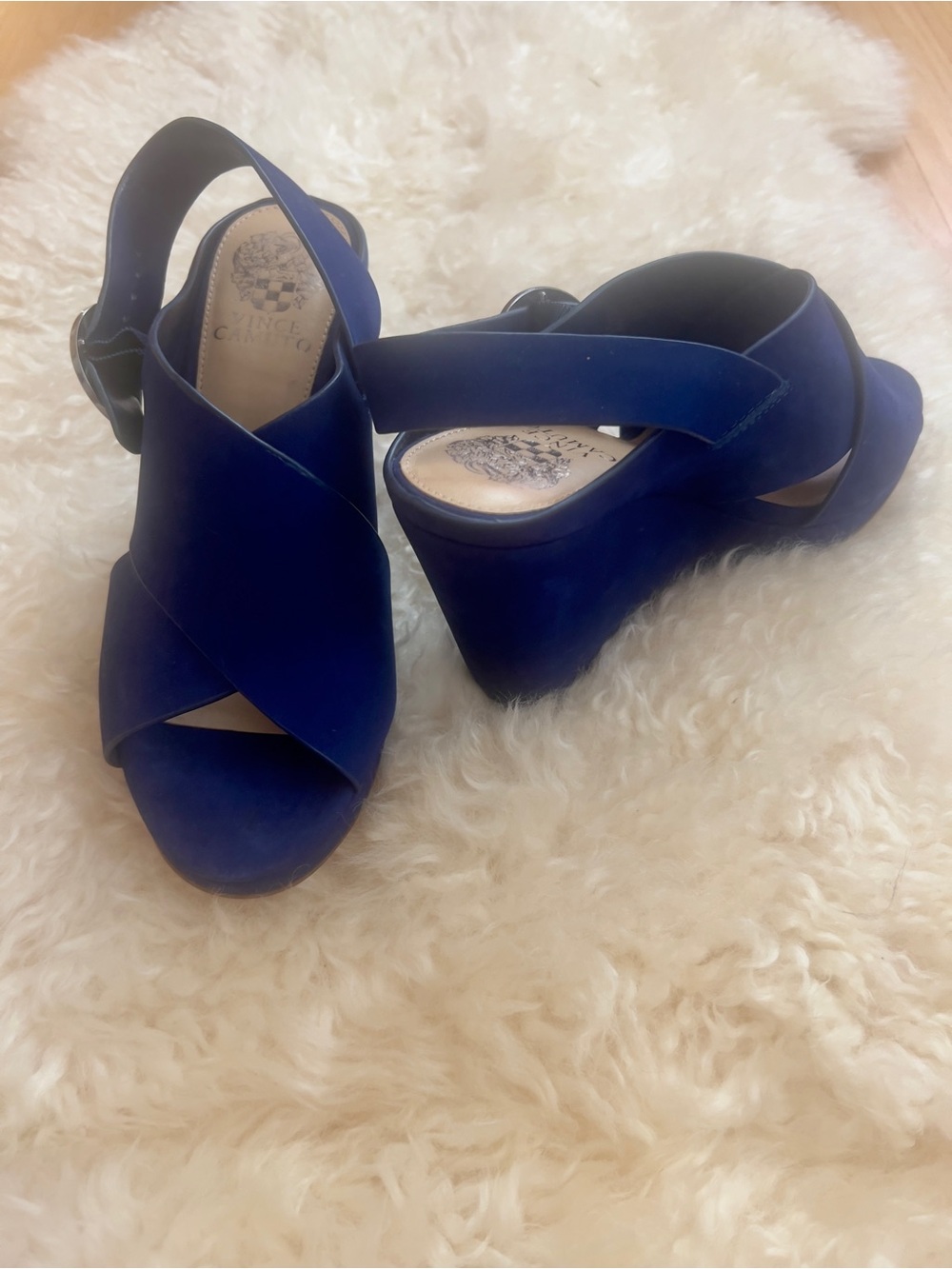 NWOT Vince Camuto Navy Blue Suede Crisscross Wedge Sandals